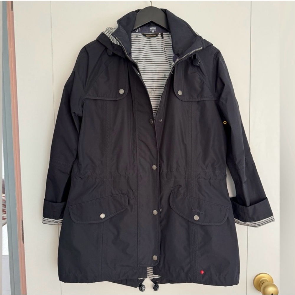 Barbour Navy Women's Raincoat with Striped Lining, Size 8 - EUC!